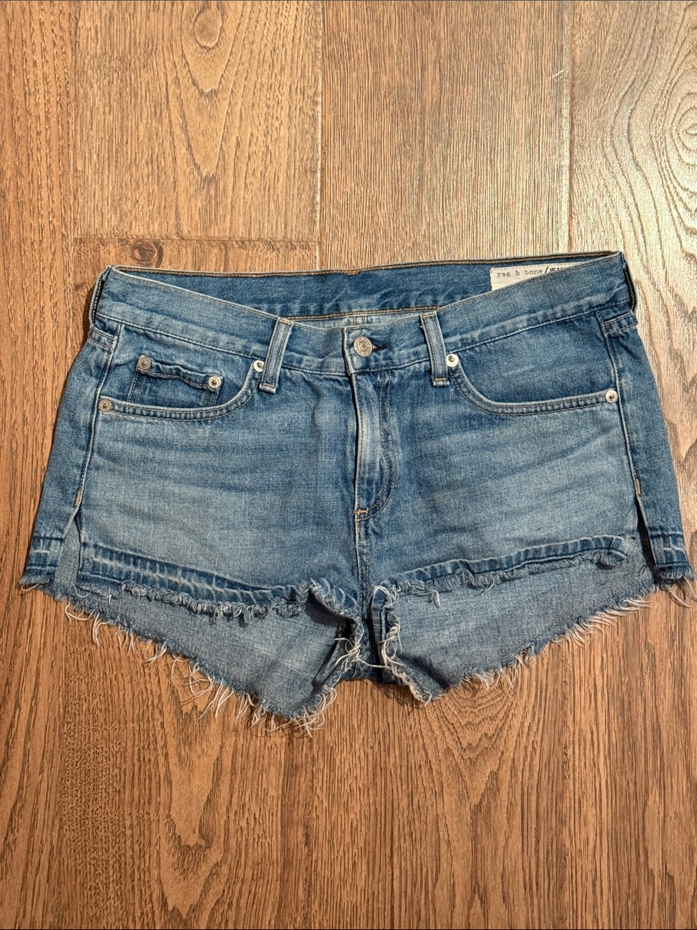 rag & bone distressed blue denim cut-off shorts